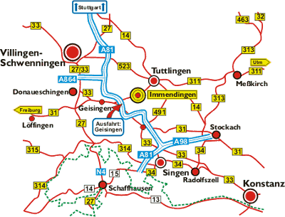 Kartenausschnitt: Anfahrt nach Immendingen